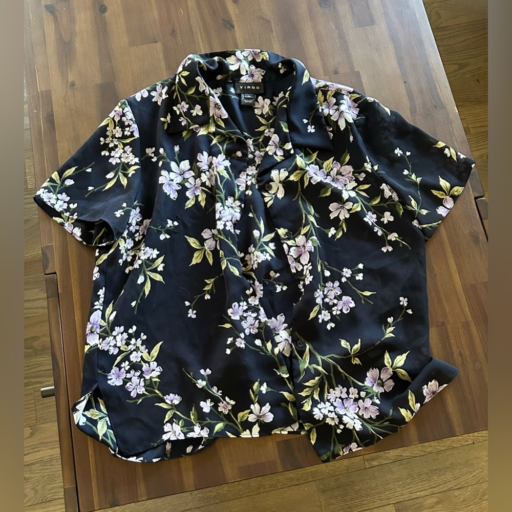 virgo black linen floral shirt with violets